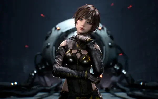 Lily Artemis II (Stellar Blade) in a sleek black combat suit, posed before a looming mech — PlayStation 5 4K Ultra HD PC desktop wallpaper/background.