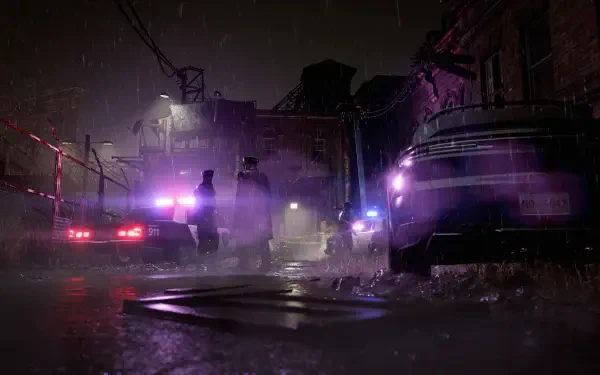 HD PC desktop wallpaper: Resident Evil Requiem survival-horror third-person shooter scene — rain-soaked street at night with police cars, flashing lights and silhouetted figures.