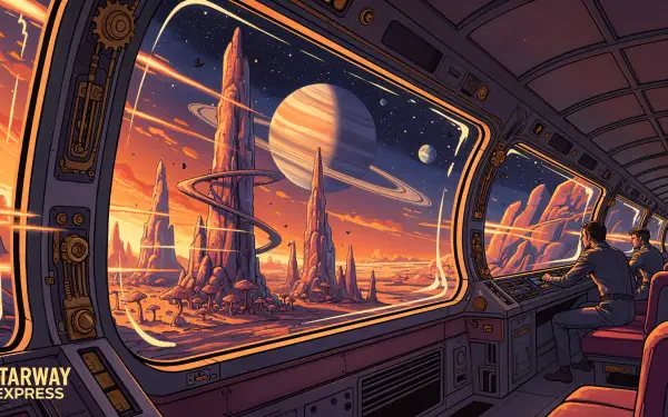 View from a spaceship lounge window at an alien sunset with a ringed gas giant and towering spires, two passengers watching — 4K Ultra HD PC Desktop Wallpaper and Background.