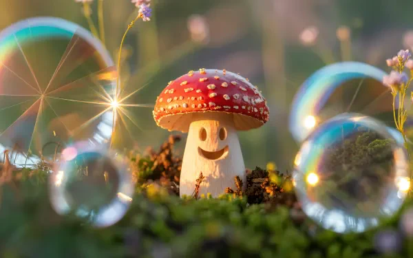 Whimsical smiling red-and-white mushroom figurine among moss, soap bubbles, and sparkling light flares — 4K Ultra HD PC Desktop Wallpaper and Background.