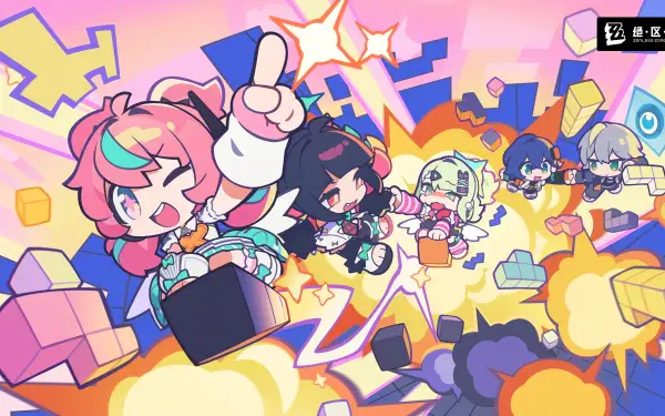 4K Ultra HD ARPG wallpaper of Zenless Zone Zero: chibi Aria, Sunna, and Nangong Yu bursting through colorful, blocky explosions in a playful, dynamic scene.