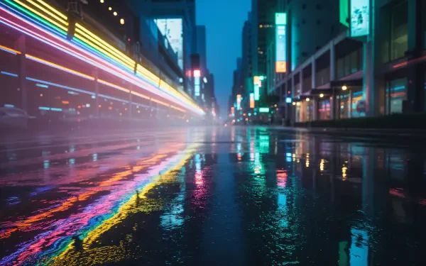 Neon-lit wet city street at night with colorful light streaks and reflections — 4K Ultra HD PC Desktop Wallpaper and Background.