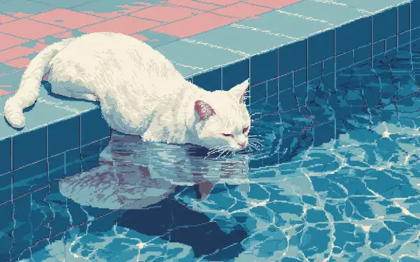 Pixel-art AI-rendered 2K Quad HD PC desktop wallpaper of a white cat drinking from a tiled pool, reflected in rippling water with a pastel pink and teal palette.