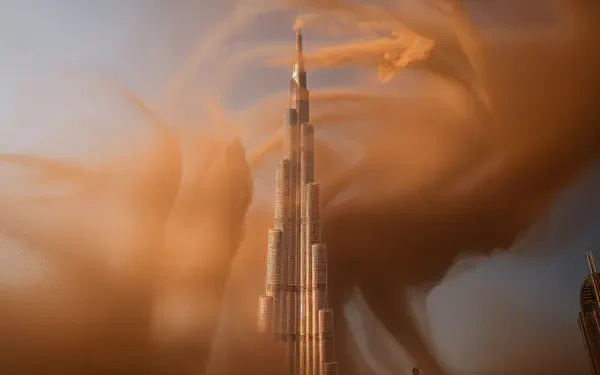 Dubai 4K Ultra HD PC desktop wallpaper and background: Burj Khalifa rising through a dramatic, swirling sandstorm under a golden sky.