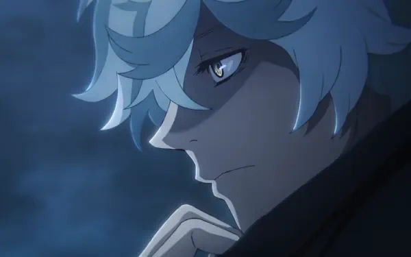 Anime HD PC desktop wallpaper/background of Gabimaru from Hell's Paradise — close-up profile in moody blue night light, pale hair, sharp eye, hand near chin.