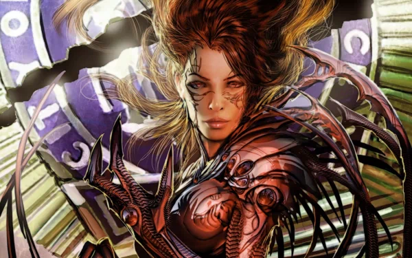 A striking HD desktop wallpaper featuring a gothic witch from the comic Witchblade, showcasing intricate armor and a fierce expression against a mystical backdrop.