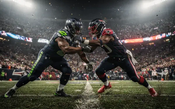 HD desktop wallpaper of two NFL players - Seattle Seahawks vs New England Patriots - clashing on the line under stadium lights in a Super Bowl atmosphere.