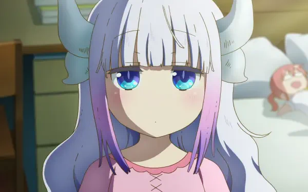 Kanna Kamui from Miss Kobayashi’s Dragon Maid: A Lonely Dragon Wants to Be Loved gazes with big blue eyes in a softly lit bedroom — HD PC desktop wallpaper.