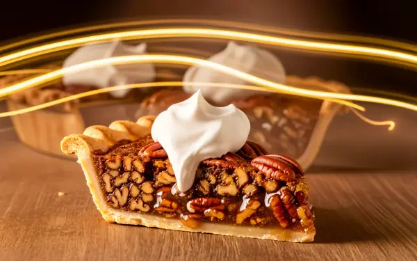Pecan pie slice topped with whipped cream on a wooden table, warm light trails in the background — 4K Ultra HD PC desktop wallpaper/background.