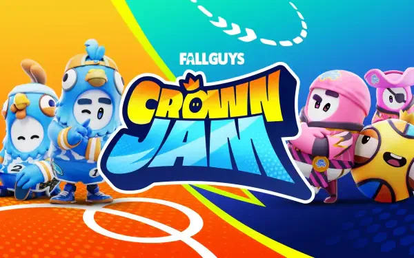 HD PC desktop wallpaper from the video game Fall Guys: Crown Jam — colorful, costumed characters flank the Crown Jam logo over a bright, sporty arena background.