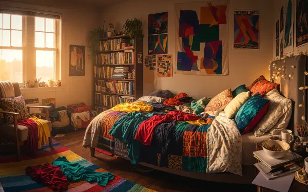Sunlit cozy bedroom with colorful quilts, cushions, wall art and bookshelf — 4K Ultra HD PC desktop wallpaper and background with warm, lived-in atmosphere.