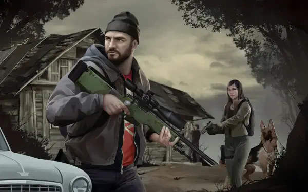 HD PC desktop wallpaper for the survival video game HumanitZ: armed male survivor with sniper rifle, female companion and dog stand before a ruined cabin under a stormy sky.