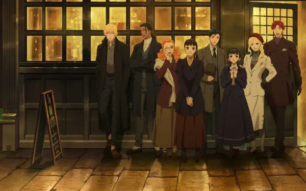 Anime movie 'Love Through a Prism' HD PC desktop wallpaper: seven characters in period dress stand on wet cobblestones before a warmly lit storefront at night.