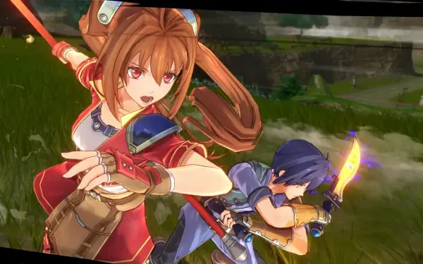 HD PC desktop wallpaper from the video game Trails in the Sky 1st Chapter: two characters in mid-combat, a brown-haired heroine striking while a blue-clad ally readies a blade on a grassy plain.