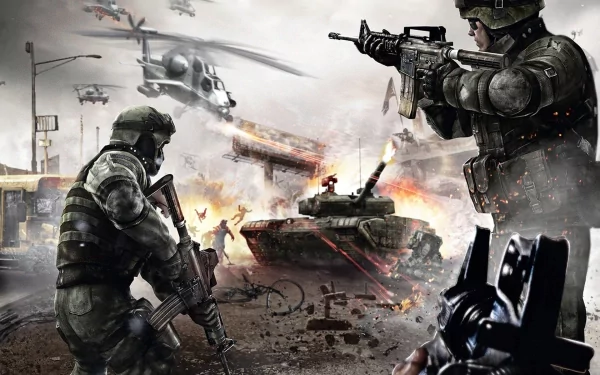 Homefront video game HD PC desktop wallpaper showing an urban battlefield: soldiers firing, a tank advancing, an attack helicopter overhead and fiery explosions amid rubble.