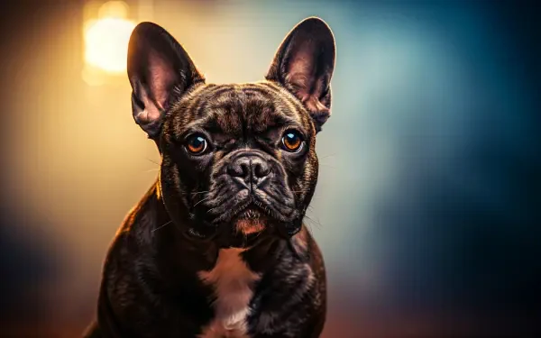 Brindle French bulldog close-up with dramatic bokeh lighting and rich colors — 4K Ultra HD PC desktop wallpaper.