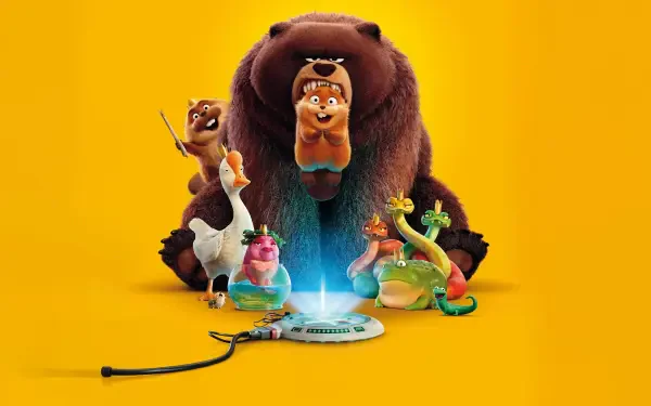 5K Ultra HD PC desktop wallpaper and background for the animated movie Hoppers: colorful characters — big bear, small critters and a glowing gadget — on a bright yellow backdrop.