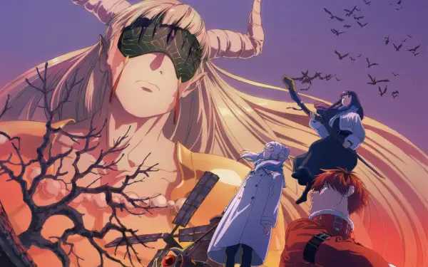 2K Quad HD PC wallpaper of Frieren: Beyond Journey's End — a towering blindfolded Frieren watches over Fern and Stark beneath a crimson sky, silhouetted birds and a barren tree.