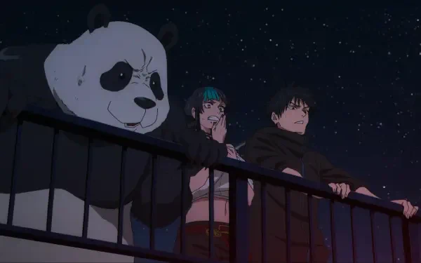 HD desktop wallpaper of Jujutsu Kaisen 3rd Season: Panda, Kirara Hoshi, and Megumi Fushiguro leaning on a railing, gazing at a starry night sky.