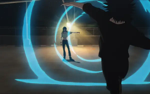 HD PC wallpaper: Jujutsu Kaisen 3rd Season — Megumi Fushiguro and Kirara Hoshi face off in a dark arena as glowing blue energy rings spiral between them.