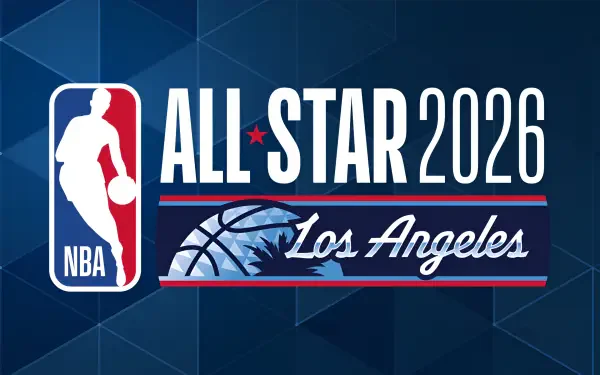 NBA All-Star 2026 logo with NBA emblem and Los Angeles script on a geometric blue field — 2K Quad HD PC desktop wallpaper