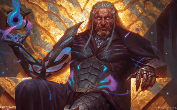 HD desktop wallpaper of Tezzeret from the Magic: The Gathering card game: a sorcerer in dark arcane armor seated on a golden throne, glowing blue mana sigils.