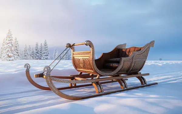 Ornate wooden sleigh resting on fresh snow in a crisp winter landscape with pine trees beneath a pale blue sky — 4K Ultra HD PC desktop wallpaper and background.