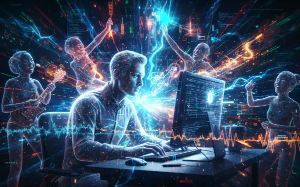 4K Ultra HD PC Desktop Wallpaper and Background: a focused user at a glowing monitor surrounded by translucent musicians and neon data streams, a vibrant cybernetic concert of light.