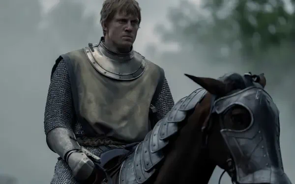 Armored knight astride a warhorse in misty woods — fantasy drama cavalry scene, A Knight of the Seven Kingdoms. 2K Quad HD PC desktop wallpaper and background.