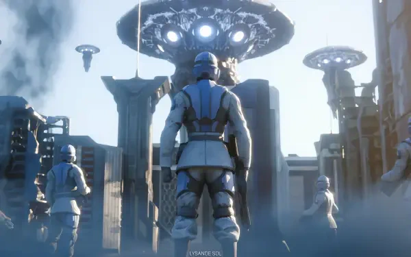 TPS Helldivers 2 HD PC desktop wallpaper/background: armored troopers stand in a futuristic city as massive hovering craft loom overhead, lights cutting through smoke.