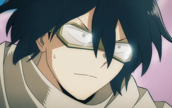 HD PC desktop wallpaper: close-up of Eraserhead (Shota Aizawa) from My Hero Academia and My Hero Academia: Vigilantes, disheveled dark hair, tired eyes behind goggles, pale pink background.