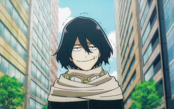 HD PC wallpaper of Shota Aizawa (Eraserhead) from the anime My Hero Academia and My Hero Academia: Vigilantes, smirking in a sunlit city street between tall buildings.