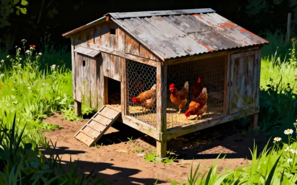 4K Ultra HD PC desktop wallpaper and background: rustic wooden chicken coop on a sunlit grassy yard with red hens pecking inside.