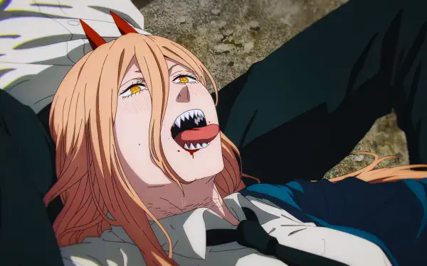 Chainsaw Man — Power lying back, tongue out and jagged teeth in a funny anime expression; 4K Ultra HD PC desktop wallpaper/background.
