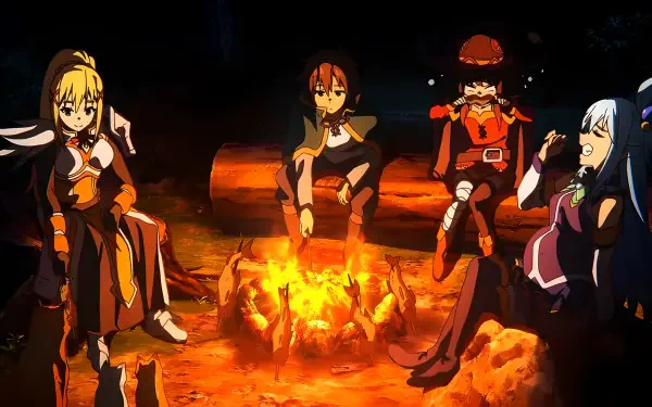 4K Ultra HD PC wallpaper of KonoSuba: Megumin, Aqua, Kazuma and Darkness sitting around a campfire at night, anime characters illuminated by warm firelight.