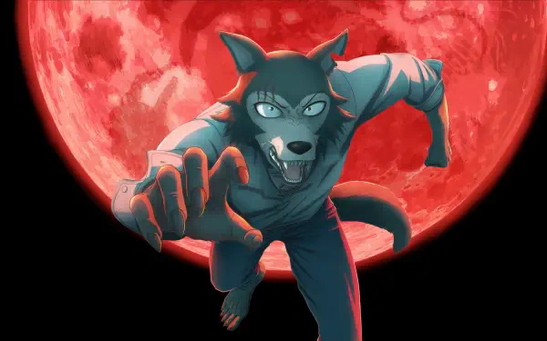 Beastars: intense grey wolf (Legoshi) lunging toward the viewer beneath a blood-red full moon — dramatic 4K Ultra HD PC desktop wallpaper and background.