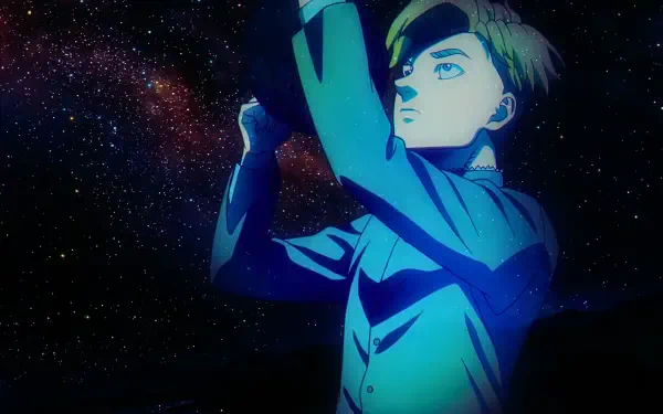 HD anime desktop wallpaper: 'Orb: On the Movements of the Earth' — Rafal reaches for a glowing orb against a star-filled night sky and endless universe.
