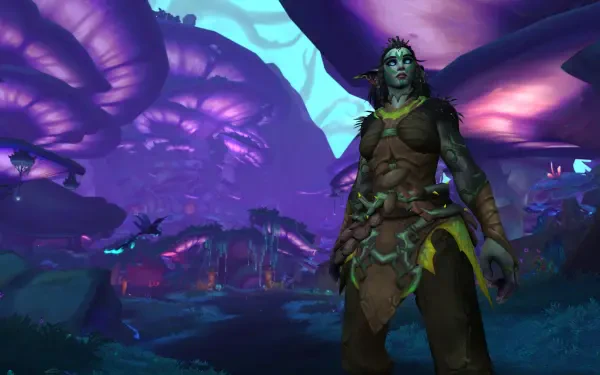 MMORPG scene from World of Warcraft: Midnight — a lone armored fantasy hero stands in a glowing purple fungal forest; 4K Ultra HD PC desktop wallpaper and background.