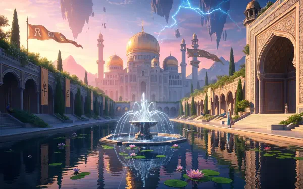 4K Ultra HD PC desktop wallpaper and background — golden-domed palace at sunset, long reflecting pool with fountain and lilies, arcades, floating islands and a storm-lit sky.
