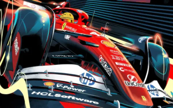 HD PC desktop wallpaper and background: close-up of a red Ferrari F1 race car charging forward with dynamic light streaks, stylized motion blur and bold racing livery.
