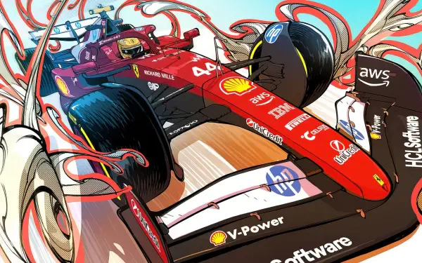 HD desktop wallpaper: stylized Scuderia Ferrari F1 car in red livery with a helmeted driver (identity not shown), dynamic motion lines and sponsor decals.