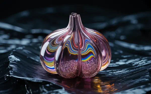 Glass garlic bulb with rainbow swirls and glitter resting on a glossy dark surface — 4K Ultra HD PC desktop wallpaper and background.