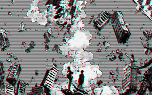 Mob Psycho 100 anime glitch HD desktop wallpaper: silhouettes of Shigeo Kageyama and Arataka Reigen amid floating, distorted buildings, debris and billowing smoke.