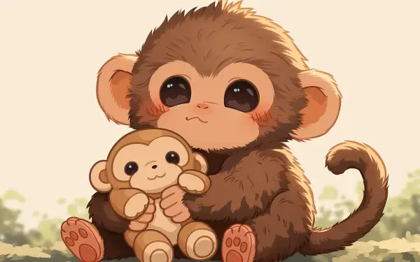 Cute cartoon monkey cuddling a plush toy monkey; warm animal illustration rendered as a 2K Quad HD PC desktop wallpaper/background.