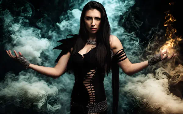 4K Ultra HD death metal desktop wallpaper: goth queen in black lace and armor, smoke and flames swirling as she raises fiery hands, dramatic pose evoking Unleash The Archers' theatrical metal vibe.