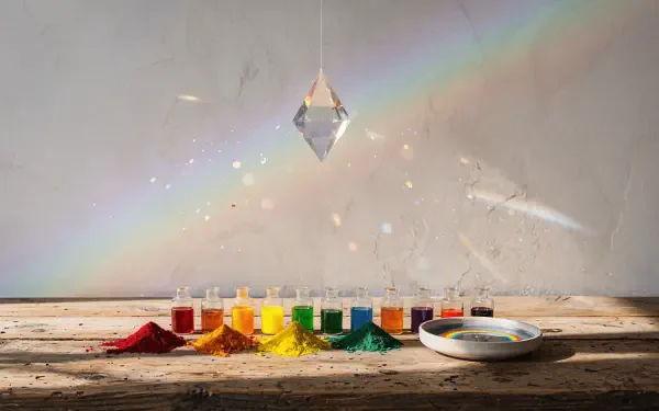 4K Ultra HD PC desktop wallpaper and background: suspended prism scattering a vivid color spectrum over a wall, with jars and rainbow-hued pigment piles on a rustic wooden table.