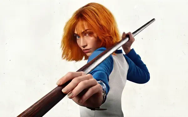 One Piece 4K Ultra HD PC desktop wallpaper and background: red-haired woman in blue-and-white shirt lunging with a long staff toward the viewer on a white backdrop.
