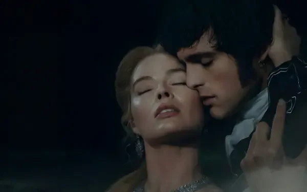 Wuthering Heights 4K Ultra HD PC desktop wallpaper: a moody, intimate close-up of two lovers in a foggy, windswept embrace.