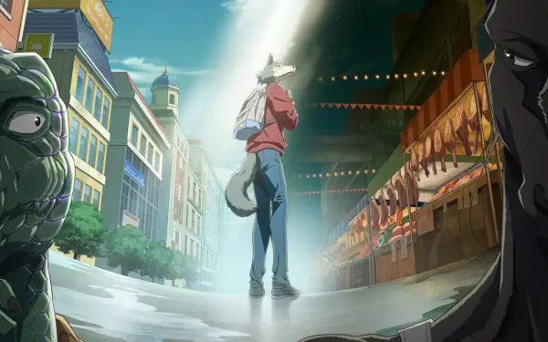 Beastars HD PC desktop wallpaper/background: Legoshi stands in a sunbeam on a rain-slick market street, shadowed faces framing the scene.