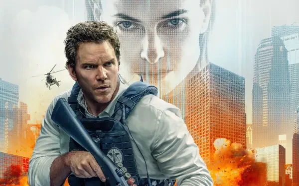 Mercy (2026) 4K Ultra HD PC desktop wallpaper and background, an armed tactical agent with rifle amid fiery city explosions, helicopter overhead, and a ghostly woman's face looming above skyscrapers.